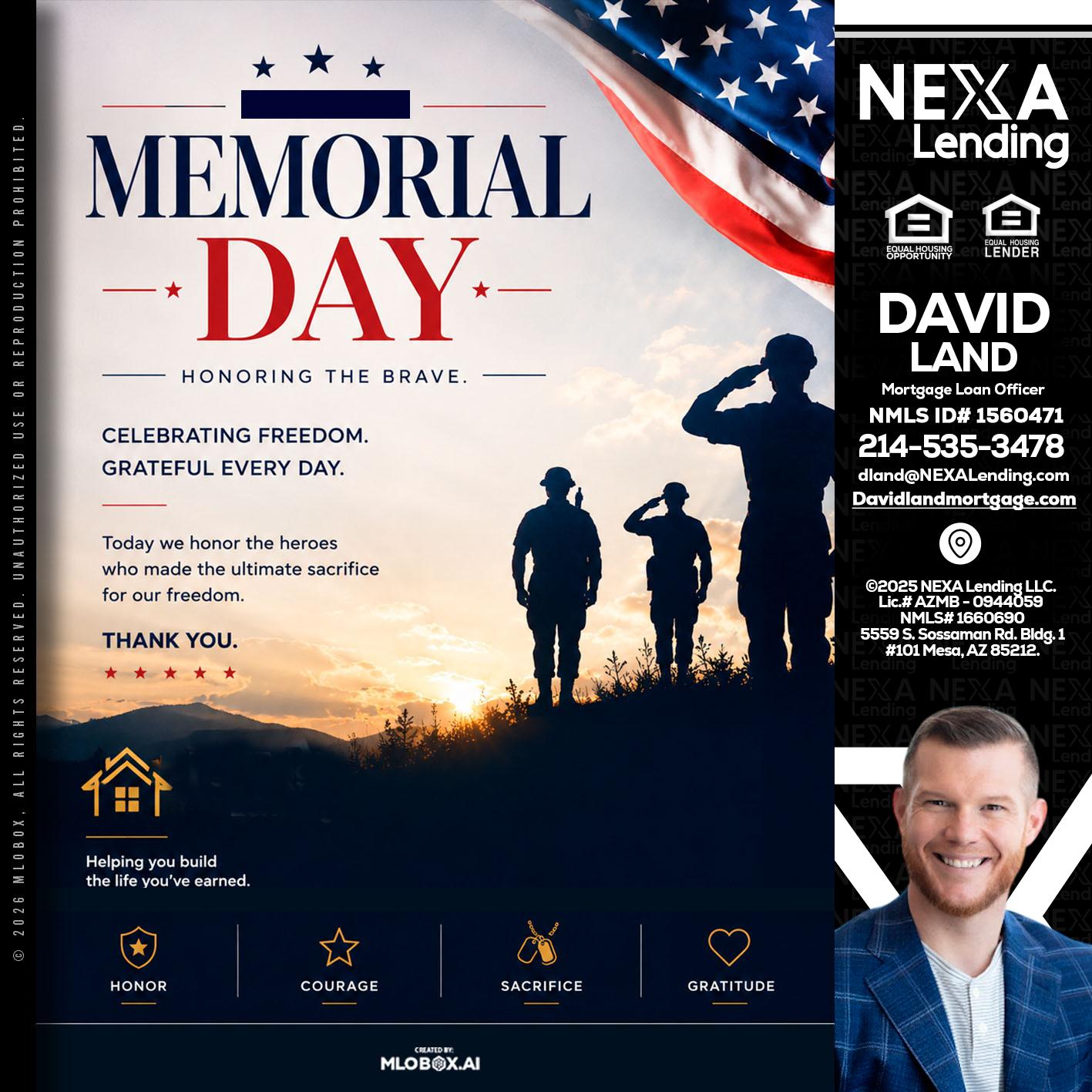 MEMORIAL DAY - David Land -Mortgage Loan Officer