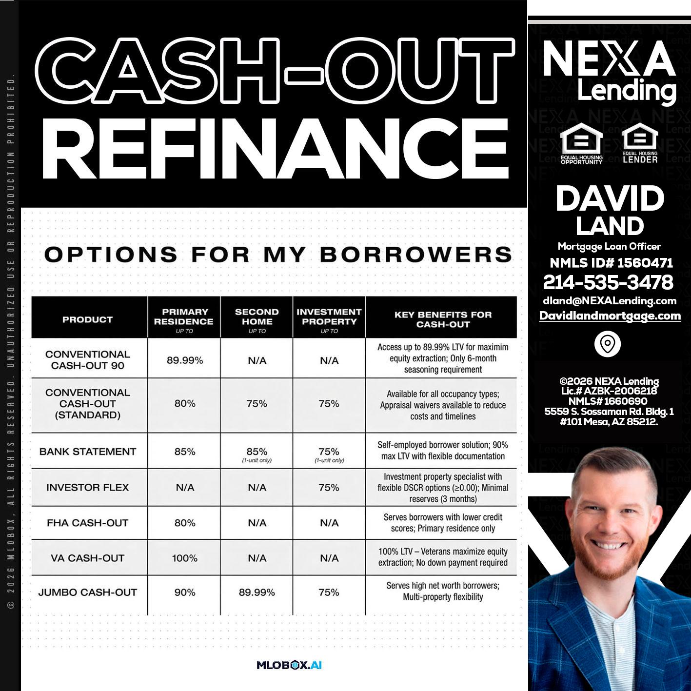 CASH OUT - David Land -Mortgage Loan Officer